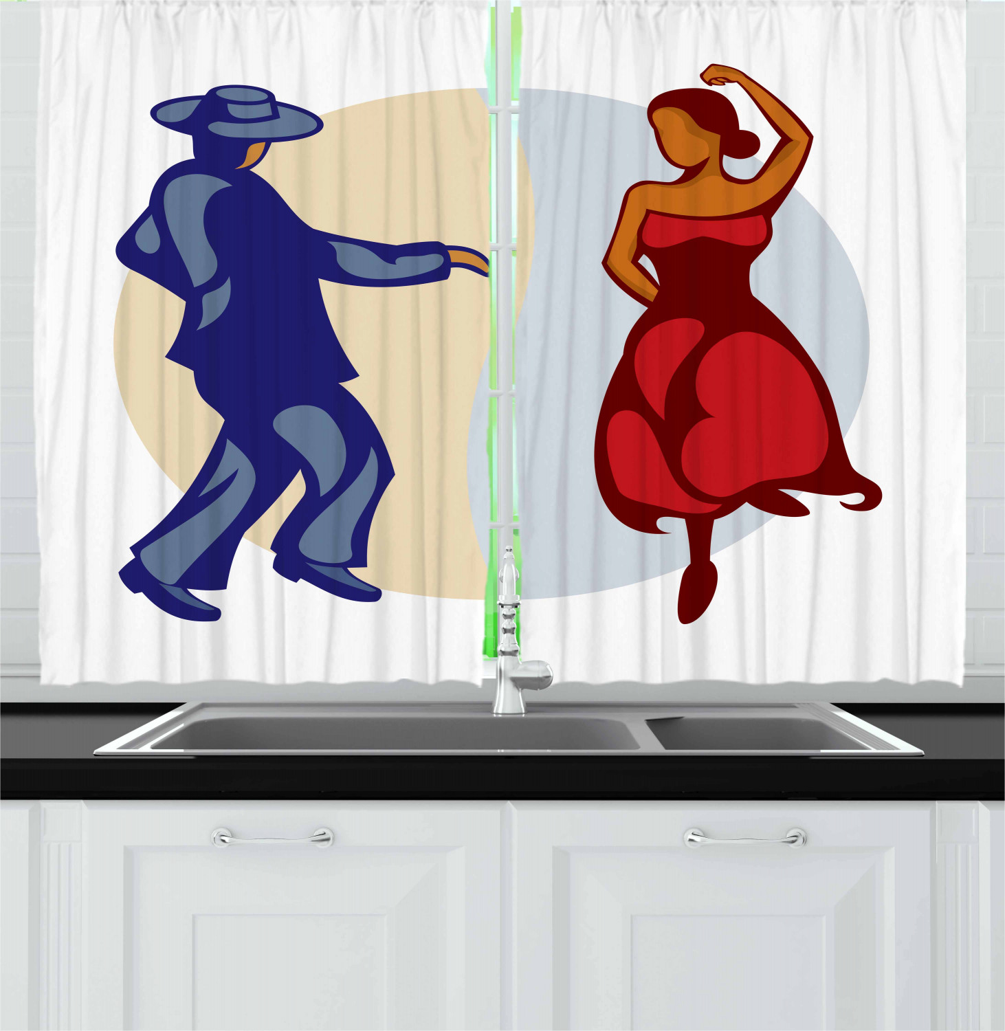 Spanish Curtains 2 Panels Set, Funky Dancers Couple Latin Flamenco