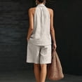 thumbnail image 6 of Linen Outfits Women 2 Piece Fashion Sleeveless V Neck Halter Top Matching Baggy Wide Leg Short Pants Set Summer Casual Outfits, 6 of 6