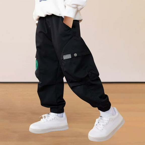 uublik Boys Girls Cargo Pants 3-16 Years Elastic Waist Casual Loose Cargo Trousers with Pockets Street Dance Jogger Pants Kids Black