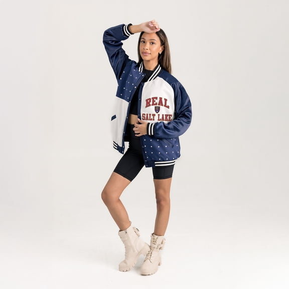 Women's Gameday Couture Navy Real Salt Lake Refined Rivalries Rhinestone Raglan Full-Snap Varsity Bomber Jacket