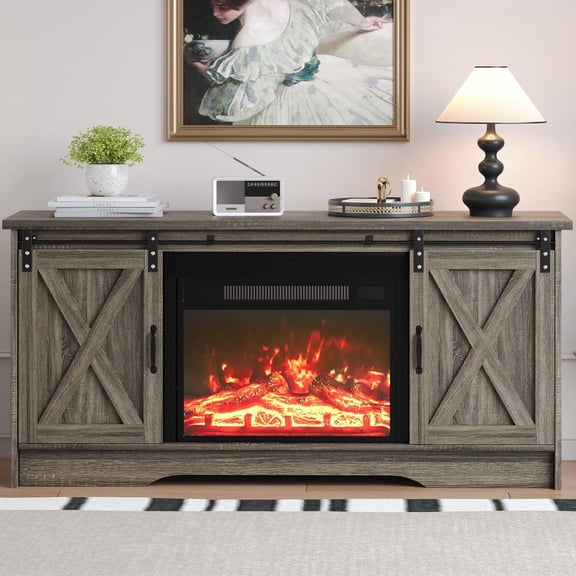 Catrimown 59 Inch Washed Gray Farmhouse Electric Fireplace TV Stand – Rustic Entertainment Center with 23” Flame Feature & Adjustable Storage Cabinets