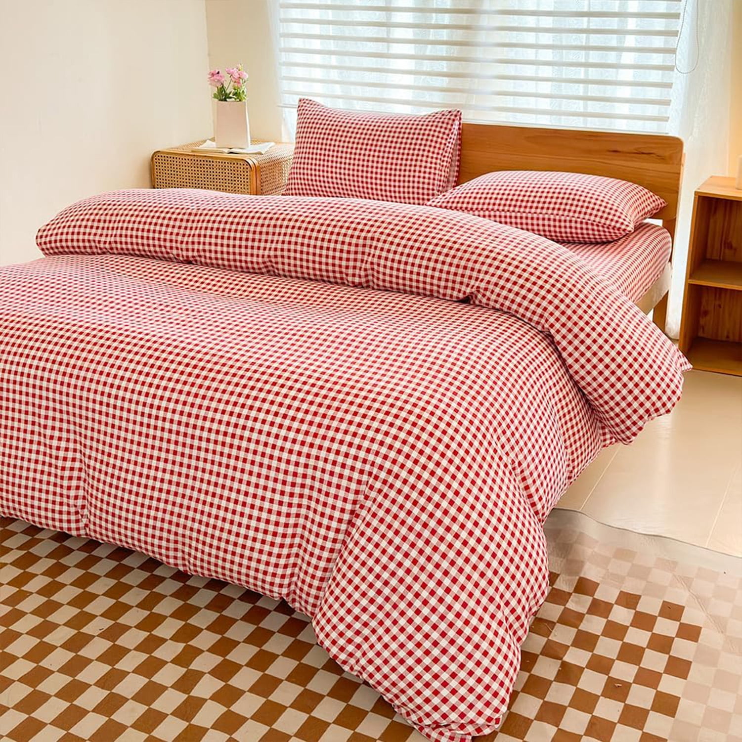 Red Gingham Twin Duvet Cover Set, Red Plaid Comforter Cover Set, 2 Pieces Checked Bedding Set (Red Gingham, Twin)