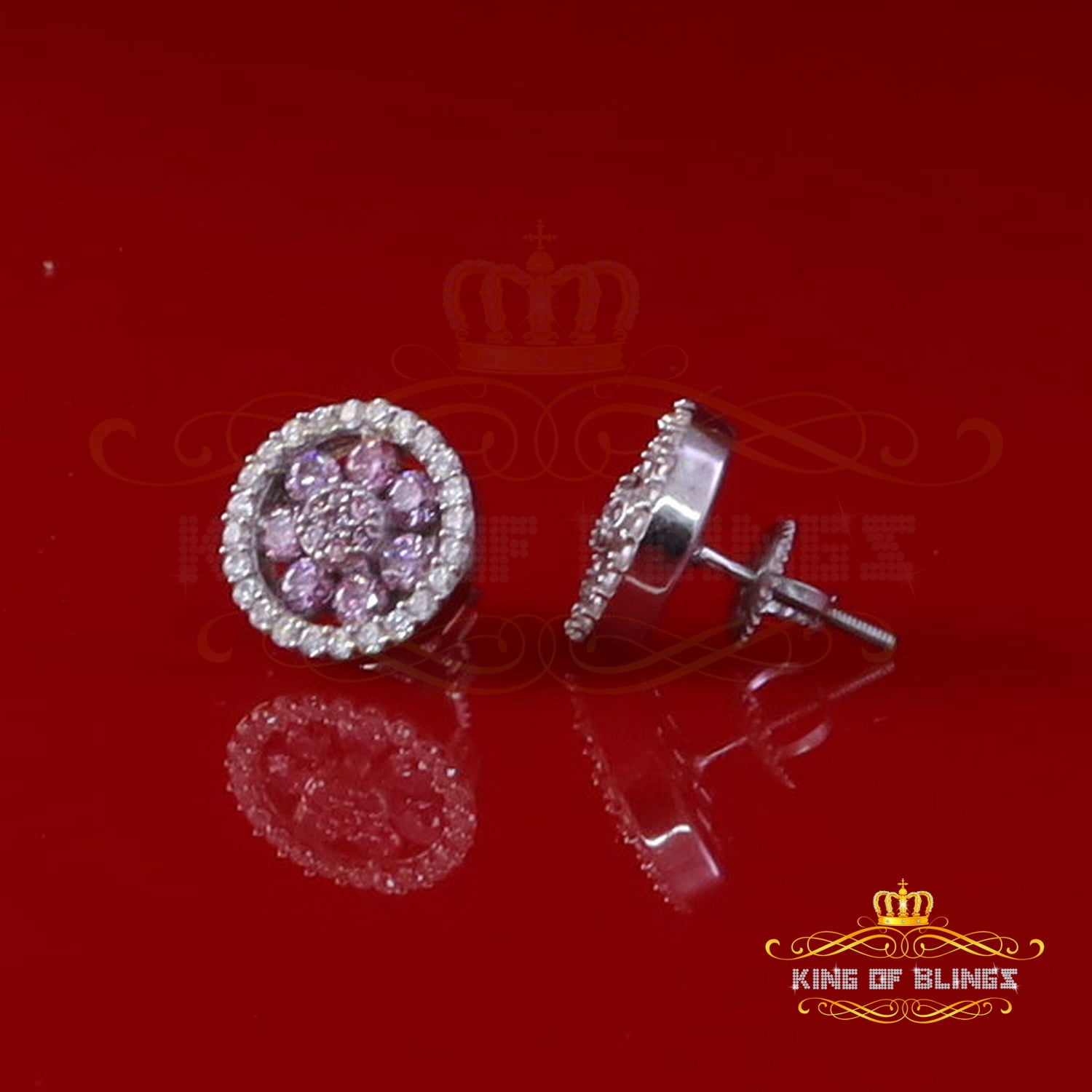 King of Bling's 925 Silver White 1.50ct VVS 'D' Pink Moissanite Round Mens/Women's Stud Earrings