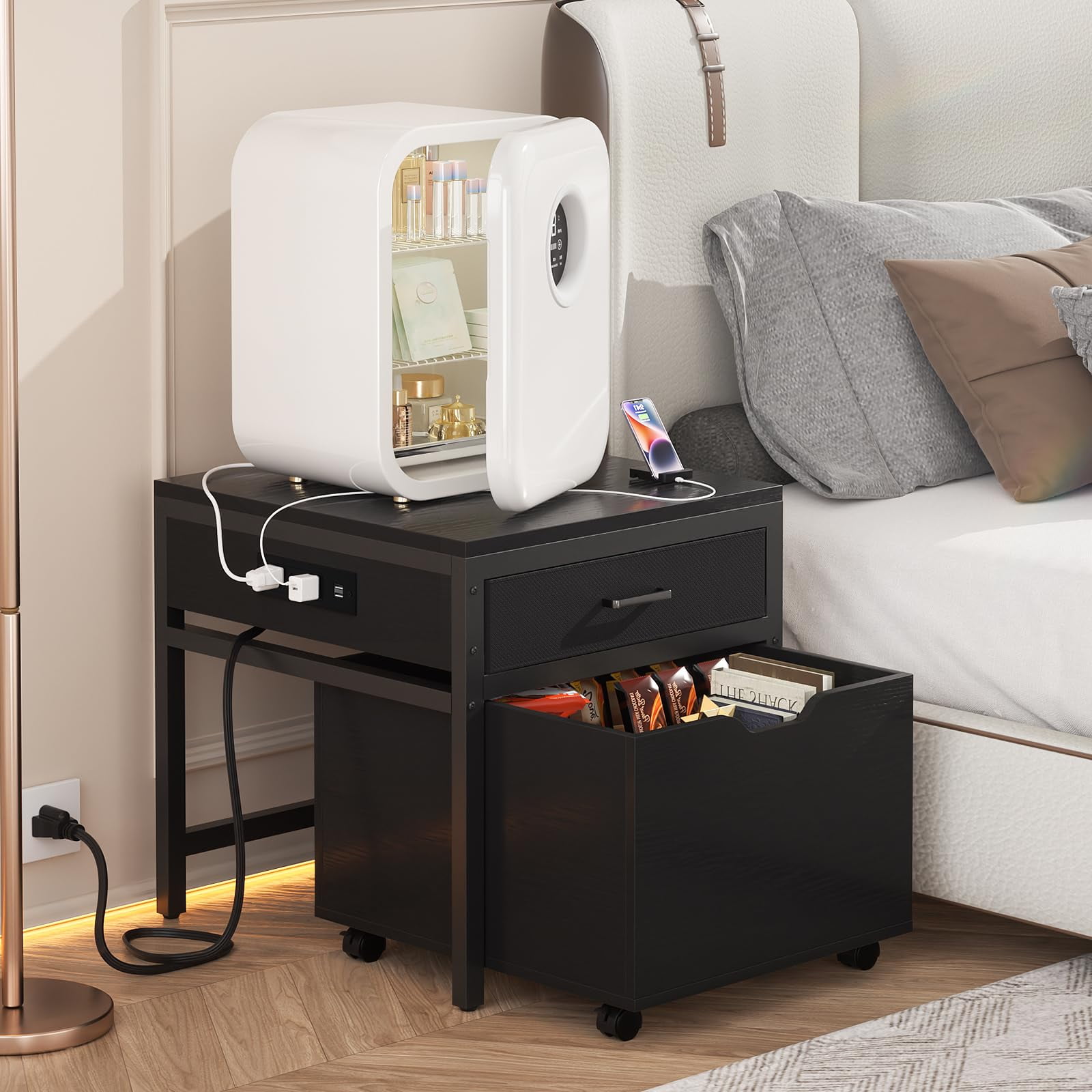 Homieasy Mini Fridge Stand with Drawer Storage & Sockets, Heavy Duty Mini Refrigerator table with Rolling Cabinet for Dorm, Apartment, Office, Mini Fridge and Microwave Stand,Black
