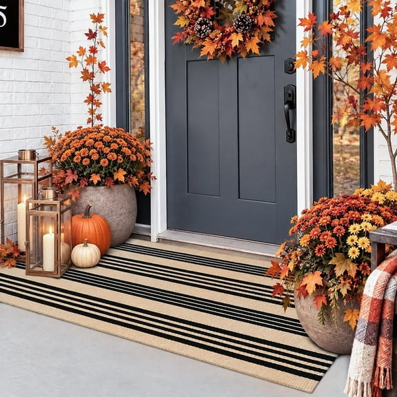 Striped Fall Door Mat 24"x51" Outdoor Rug Cotton Washable Fall Decor