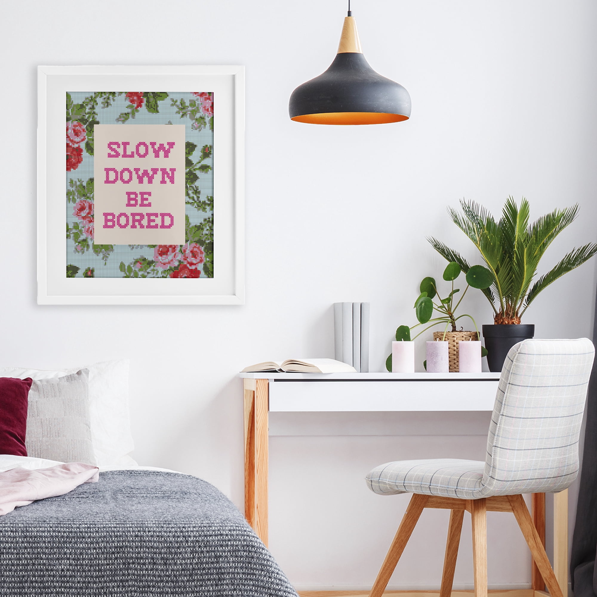 Stupell Industries Slow Down Be Bored Faux Cross Stitch White Framed Print Under Glass, design by Lil' Rue