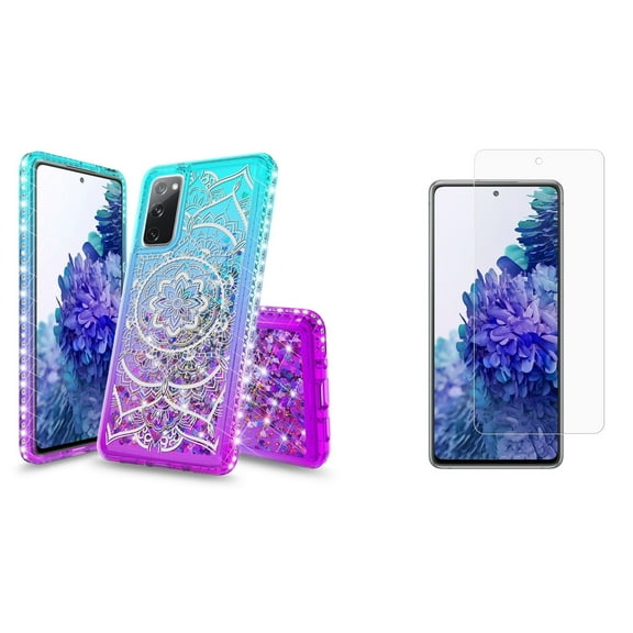 Bemz Liquid Quicksand Case for Samsung Galaxy S20 FE (with 2 Pack of Tempered Glass Screen Protectors and Touch Tool) - Mandala Floral (Teal/Purple)