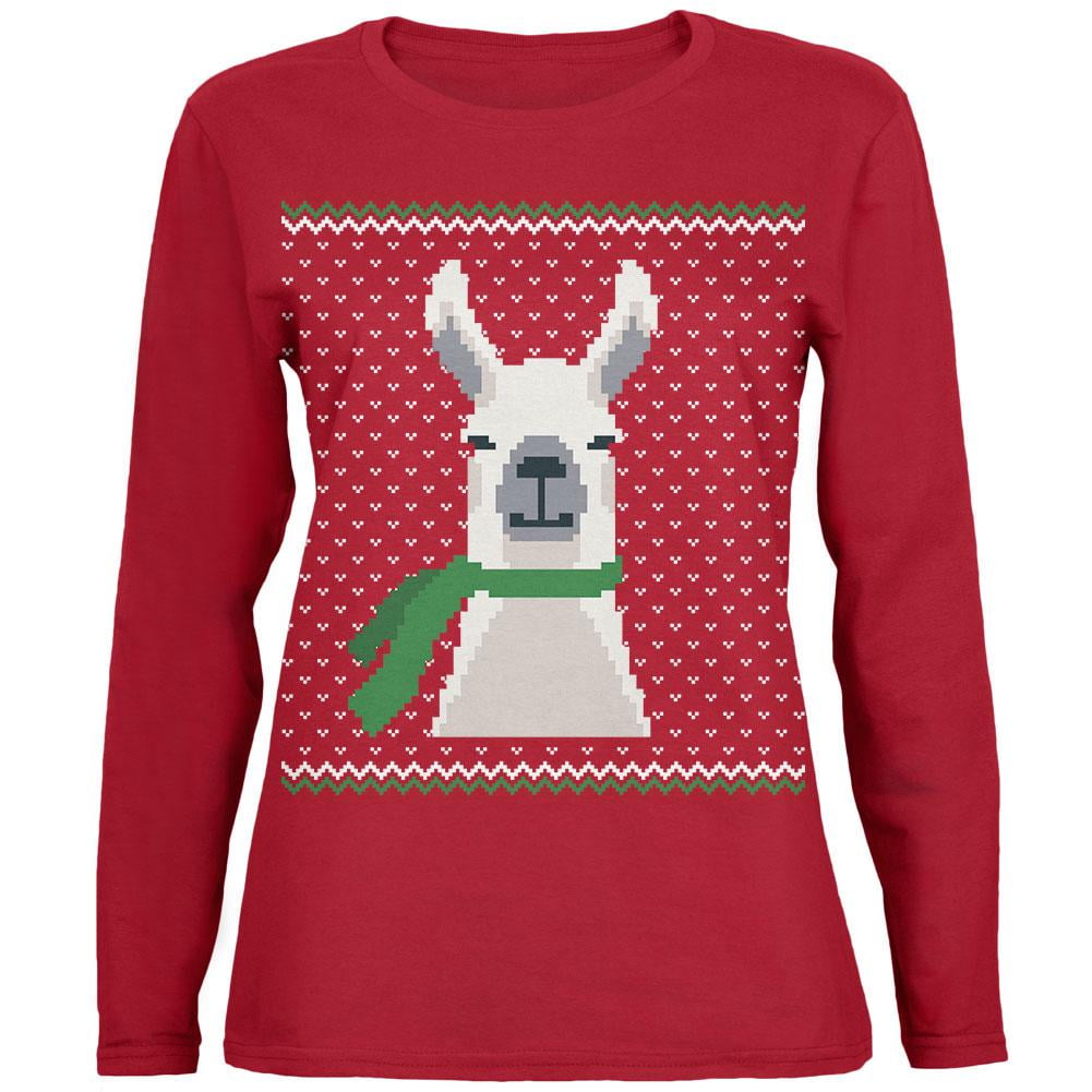 Moche Pull de Noel Grand Lama Rouge Femmes a Manches Longues T Shirt