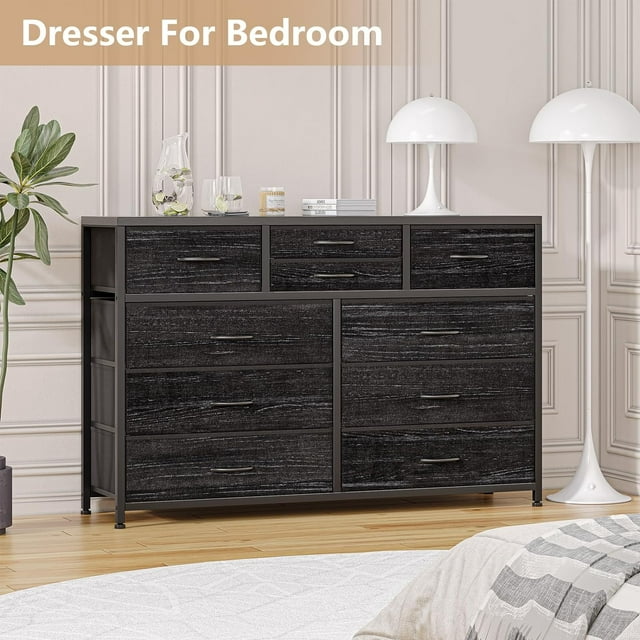 Historyli Cómoda de tela con 10 cajones para dormitorio,moderna cómoda,organizador de almacenamiento grande y ligero con compartimentos de tela para sala de estar y pasillo,mueble de TV de 139 cm