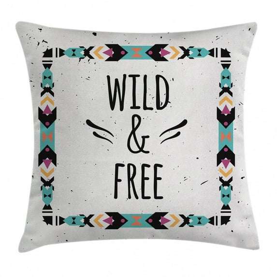 Tribal Decor Throw Pillow Cushion Cover, Abstract Geometric Frame Wild and Free Quote Boho Style Art Print, Decorative Square Accent Pillow Case, 16 X 16 Inches, Coconut Black Turquoise, by Ambesonne