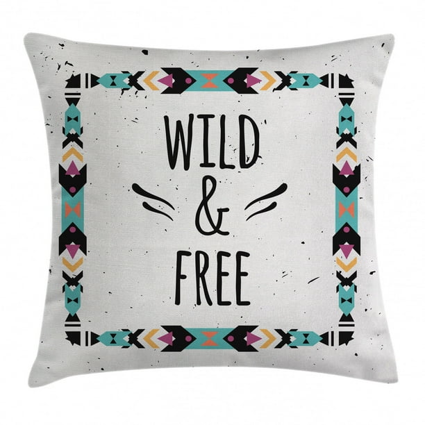 Tribal Decor Throw Pillow Cushion Cover Abstract Geometric Frame Wild And Free Quote Boho Style Art Print Decorative Square Accent Pillow Case 18 X 18 Inches Coconut Black Turquoise By Ambesonne