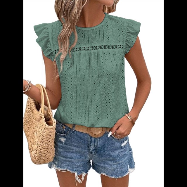 Top de Cuello Redondo y Mangas para Mujer, Verde , Talla M