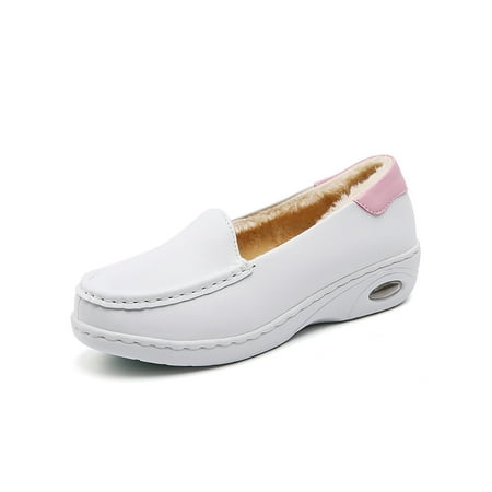 

Fangasis Womens Loafers Comfort Flats Slip On Boat Shoes Women Nurse Shoe Nursing Non-Slip Classic White Pink with Plush Lined 6