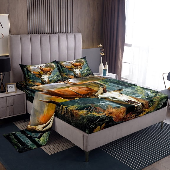 Moose Deer Bed Sheets Set Hunting Theme Twin Sheet Set, Mystic Jungle Woodland Sheets Animal Skull Skeleton Bed Set, Rustic Farmhouse Lodge Cabin Flat Sheet 3pcs
