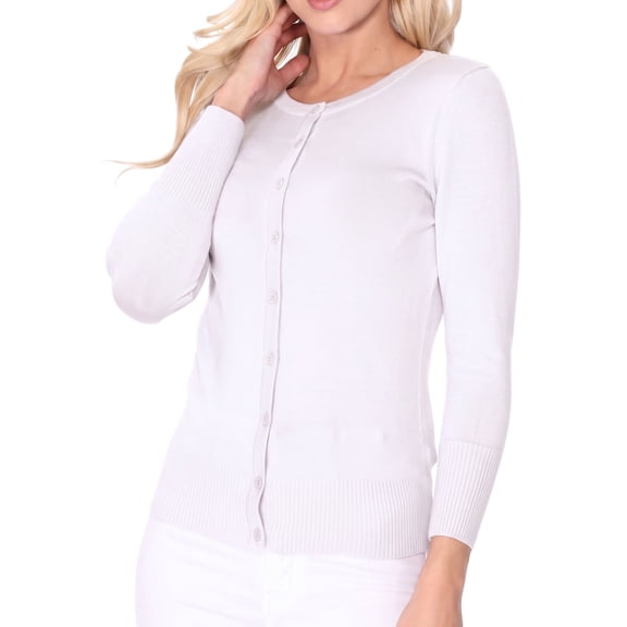 YEMAK Women's Knit Cardigan Sweater – 3/4 Sleeve Crewneck Basic Classic Casual Button Down Soft Lightweight Top