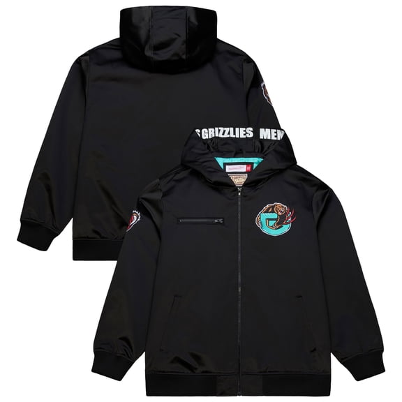 Men's Mitchell & Ness Black Memphis Grizzlies Hardwood Classics Nights Walk the Tunnel Satin Bomber Full-Snap Hooded