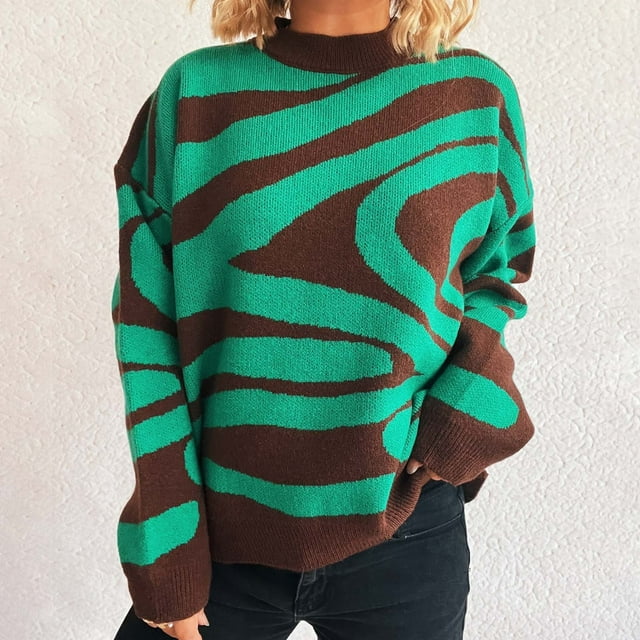 Suéter de cuello redondo para mujer, jersey de manga larga con estampado en contraste, jersey de poliéster para mujer