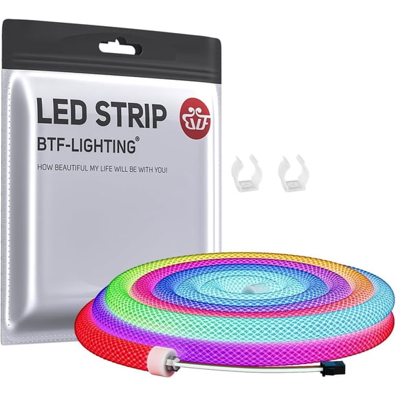 BTF-LIGHTING 3.2FT WS2811 WS2812B IC RGB DC5V 360 Degree Round Reticulate Pattern Chasing Color Neon LED Strip Flexible Nylon Silicone IP67 Waterproof Dream Color Rope Light(No Adapter or Controller)