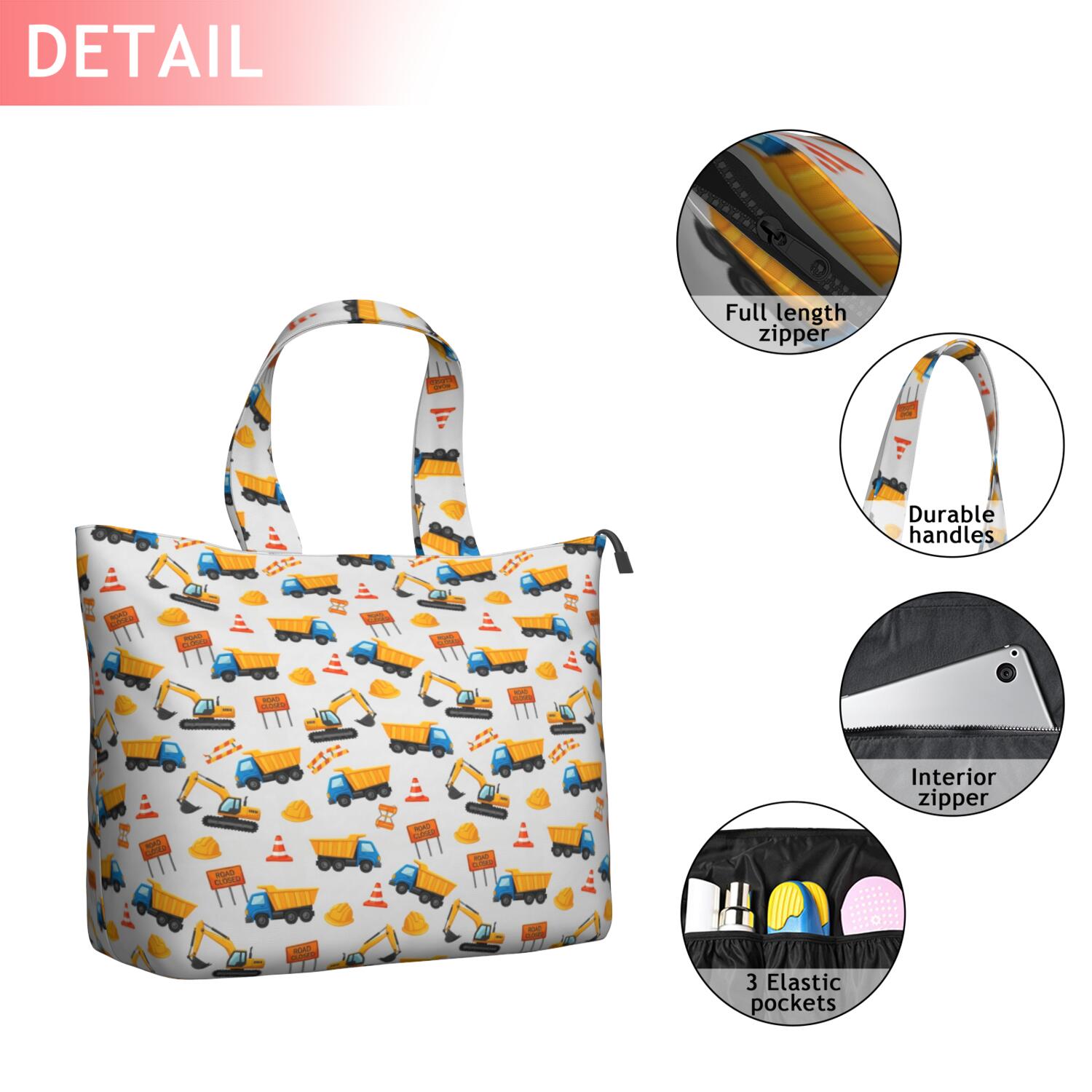 Cartoon Construction Vehicles Hard Hats Travel Tote Bags for Women Carry On,Large Weekender Bags for Women Travel,Multi Functional Duffle Bag for Work,Shopping,Sports