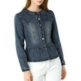 thumbnail image 6 of Allegra K Women's Round Neck Collarless Button Down Peplum Crop Length Denim Jacket, 6 of 7