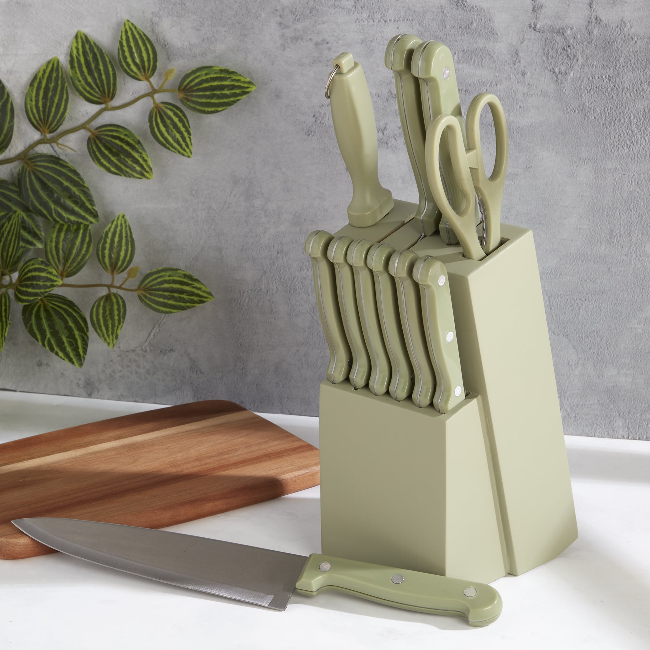 Basic Essentials 12 Piece Stainless Steel Kitchen Knife Set with Wood Block, Sage Green