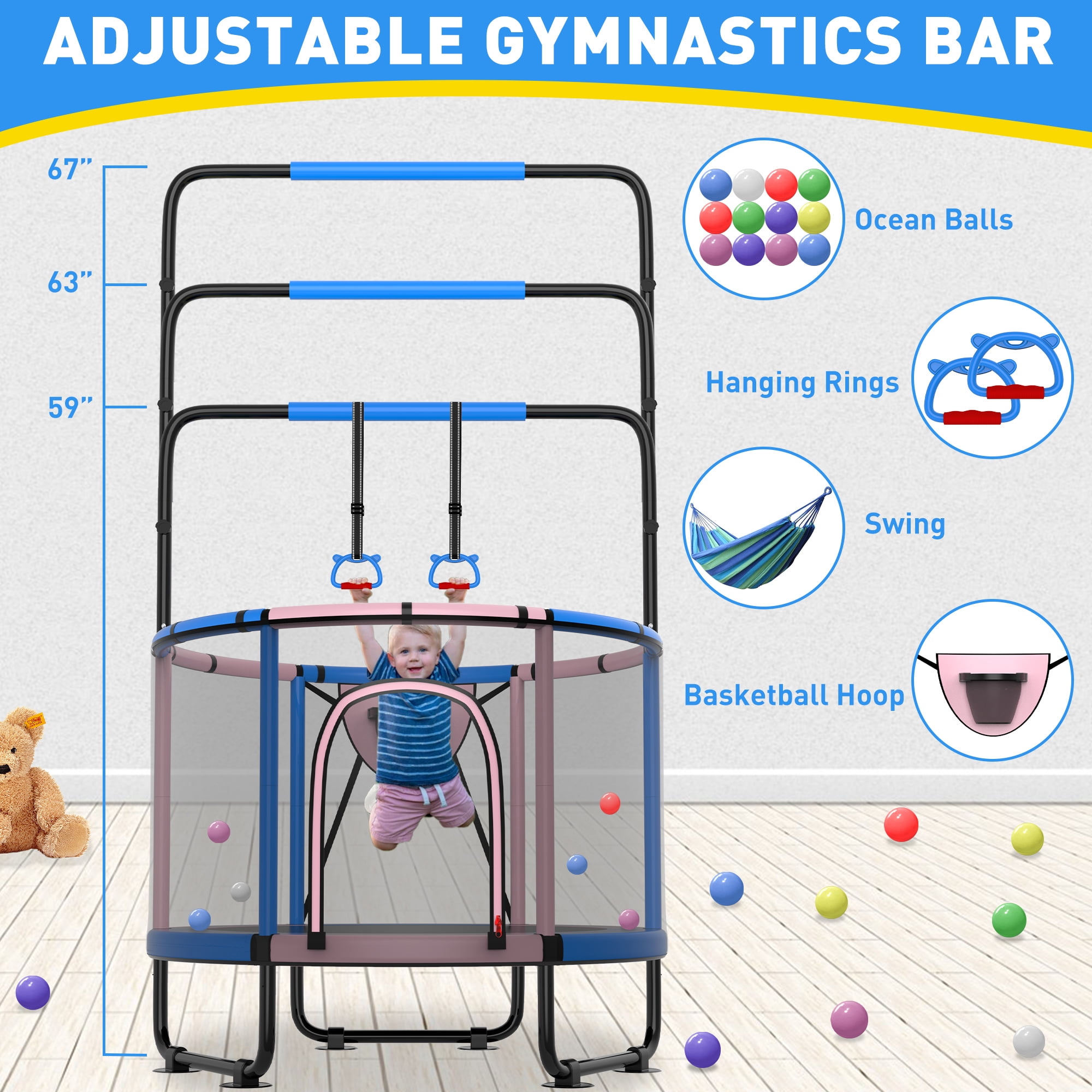 CITYLE 600LBS Trampoline for Toddlers 5FT 60'' Indoor Mini Trampoline for Kids with Enclosure, Basketball Hoop, Swing, Adjustable Bar, Small Toddler Trampoline Gifts for Boys & Girls