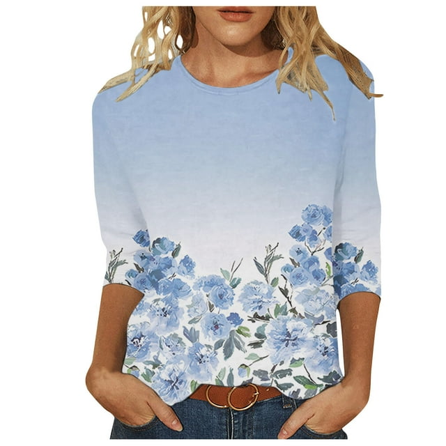 Pisexur Hauts Grande Taille pour Femmes Mode Décontractée Automne Manches 3/4 Imprimé Floral Col Rond Pull Blouse