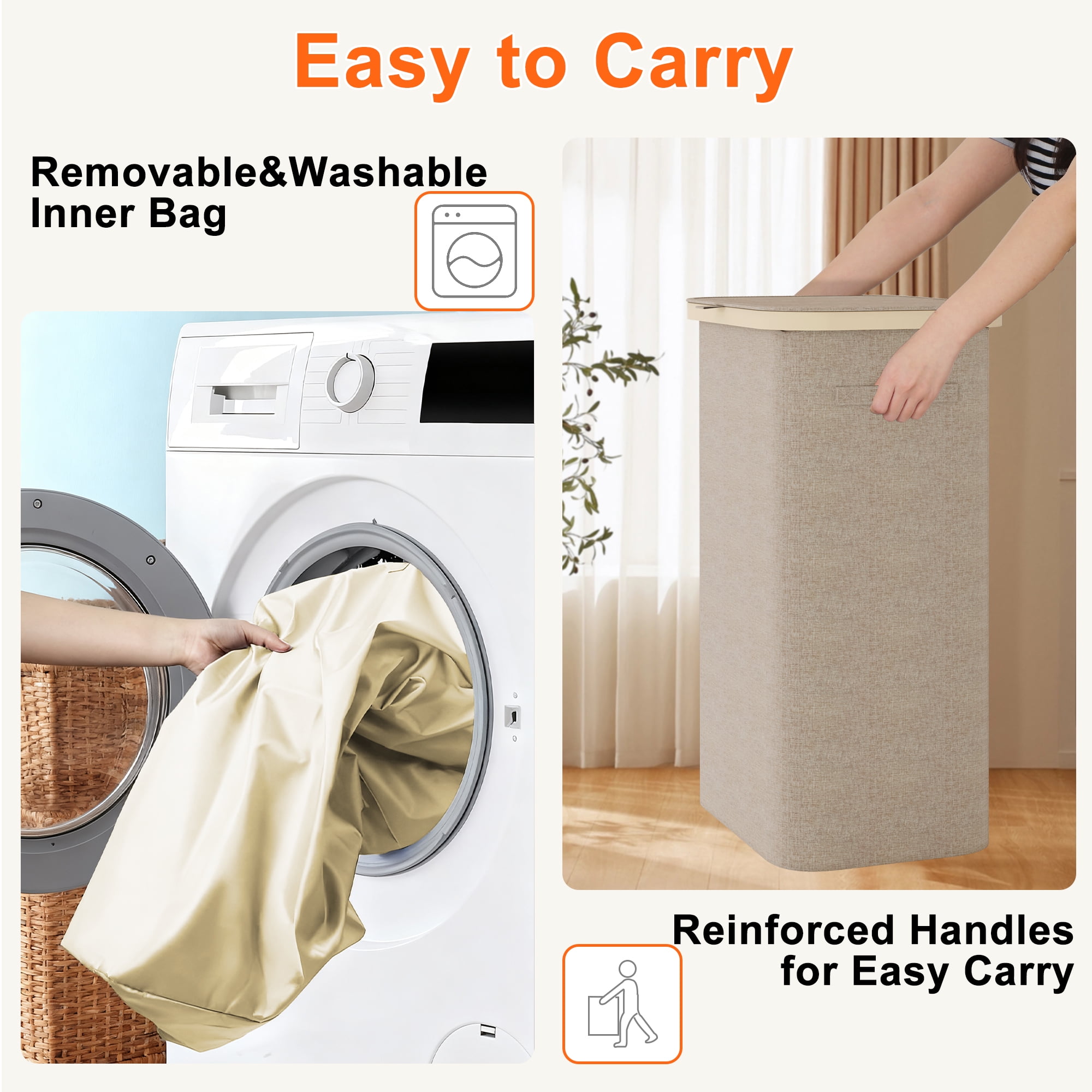 BGTREND 2PCS Slim Laundry Hamper with Lid 85L Foldable Clothes Basket with Removable Mesh Bag & Handle for Closet Bathroom Bedroom (Beige)