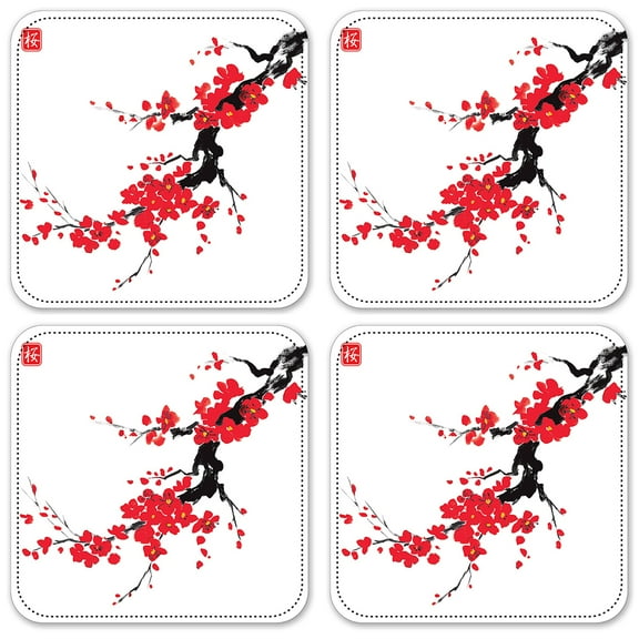 Vinyl Drink Coasters - Set of 4 - Red Blossoms