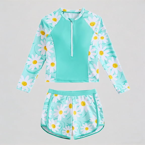 REDARER Girls 2-Piece Long Sleeve Rash Guard Set – Daisy Print, UPF 50 Sun Protection, Half-Zippper Top & Matching Shorts for Beach Pool Summer Swimming,7-8 Years