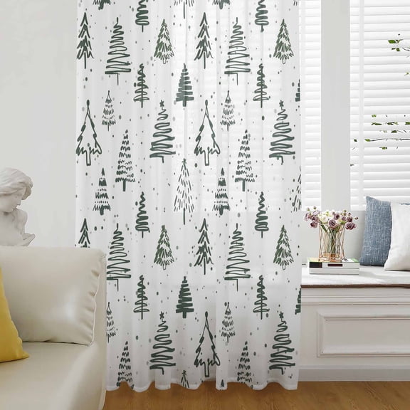 Christmas Tree Semi Sheer Curtains Drapes for Living Room,Bedroom,French Doors Window 108 Inches Long,Xmas Green Cartoon Tree Snowflakes Farmhouse Rod Pocket Chiffon Curtain Voile Drapery Panel