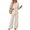 thumbnail image 2 of Womens Summer 2 Piece Lounge Sets 3/4 Sleeve V Neck Top Wide Leg Palazzo Pants Set Beach Travel Outfits, 2 of 5