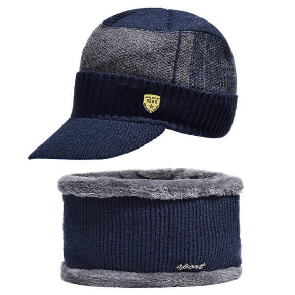D-GROEE Winter Beanie with Visor for Men Outdoor Fleece Lined Knitted Hat Scarf Set for Daily Life