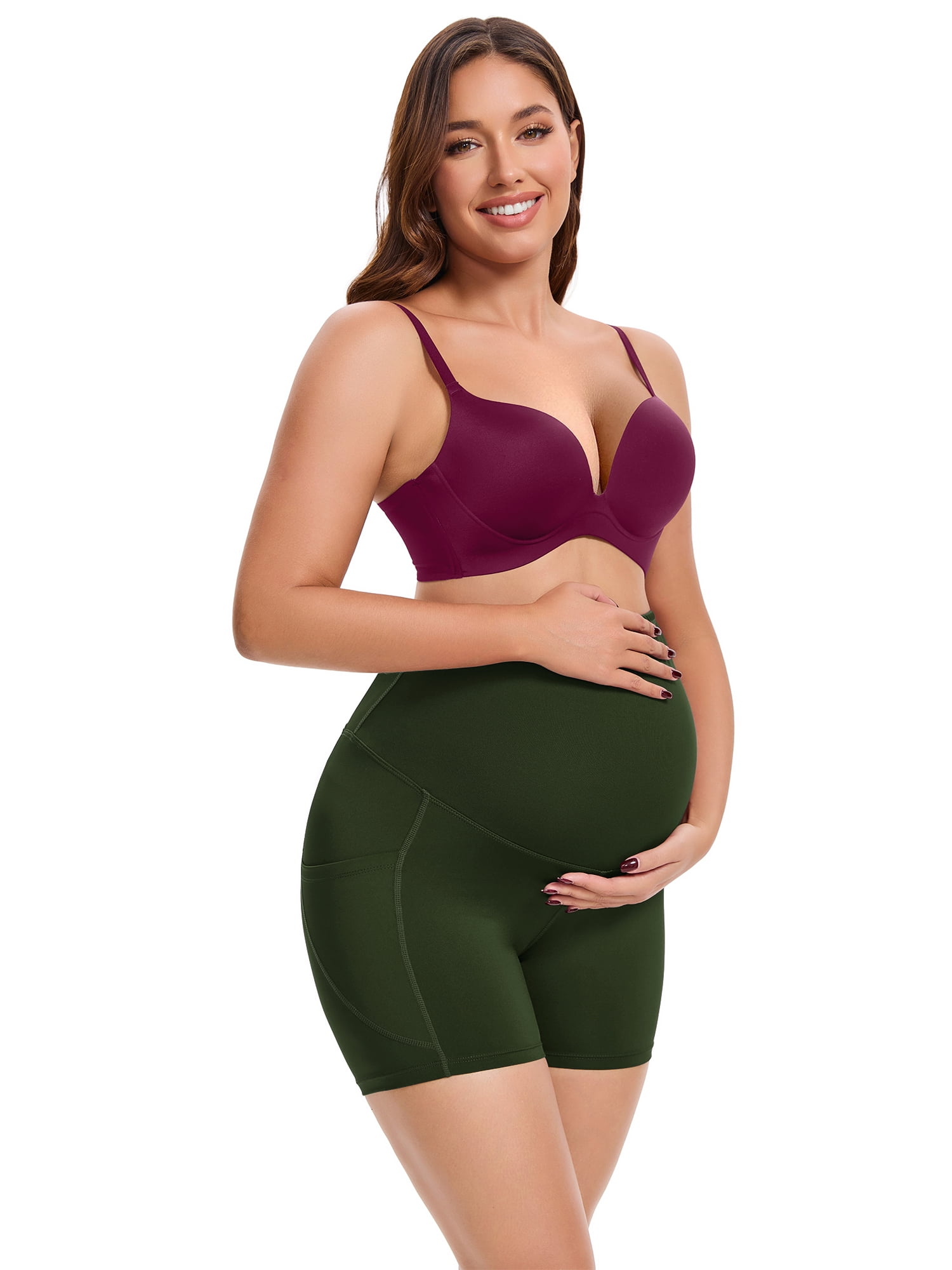 DARING DIVA Women's Maternity Mid Thigh Belly Support High Waist Shorts XL Green