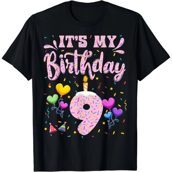 100% Cotton It's My 9th Birthday T-Shirt for Girls, Cute Doughnut Birthday Graphic Tee, 9 Years Old Girl Party Shirt, Kids Casual Short Sleeve Gift