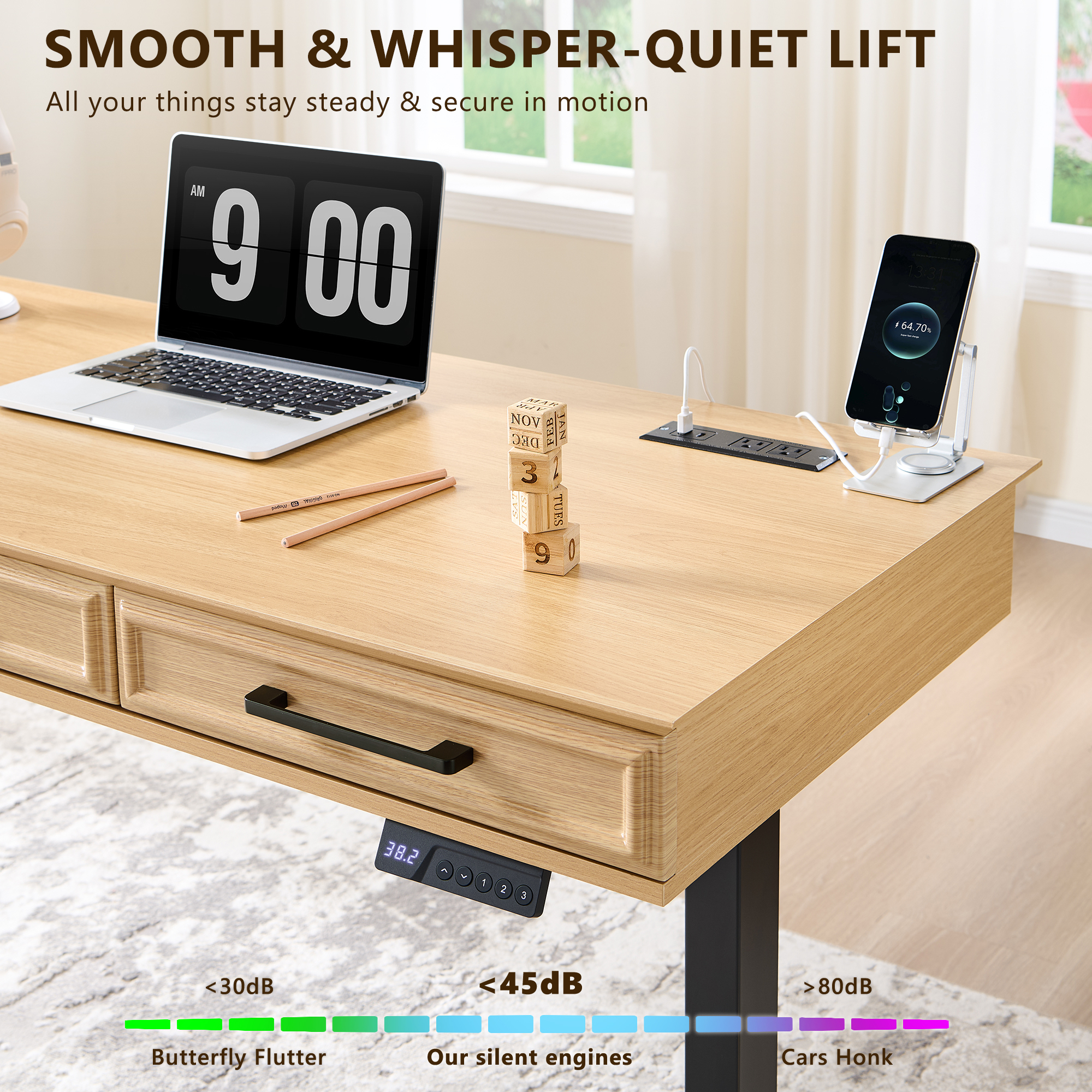 wow97e Electric Standing Desk, 55" x 22" Adjustable Height Office Computer Desk with 3 Storage Drawers, Sit Stand Up Desk with Power Outlets for Study and Home