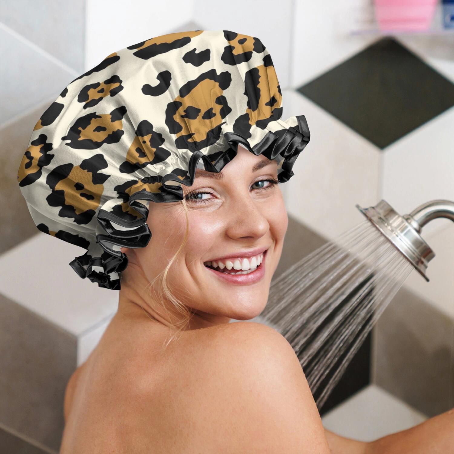 Shower Caps,Beige and Black Of Leopard Print Waterproof Shower Cap for Women 4 Pieces,Double Reusable Hair Cover for Shower PEVA Elastic Stretch Hem