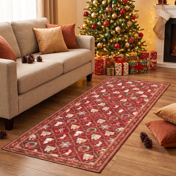 ICEANT 2x6 Christmas Long Hallway Runner Rug, Xmas Kitchen Runner Rug Washable Floor Carpet, Snowflake Decorative Indoor Throw Rug Non-Slip Area Rug for Bedroom Living Room Kitchen