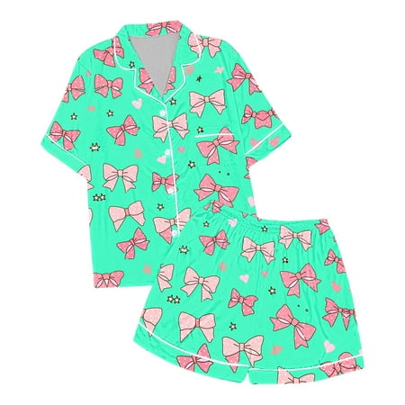 Teens Silk Pajamas Girls Bow Print Button Down Solid Tops T Shirt Set Kids Pajamas Nightgown Girls Satin Pajamas Size 12-13 Years Kids Clothes