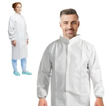 White Disposable Lab Coat Women and Men Medium, Pack of 30 Microporous 60 GSM Disposable Lab Coats for Adults with Elastic Wrists Adjustable Snap Mandarin Collar, Lab Coat No Pocket