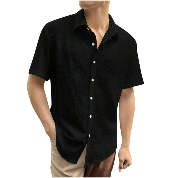 Camisas de Lino de Manga Corta de los Hombres de Color Sólido Casual Blusa Plegable de Cuello, Top de Verano Ligero
