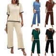 thumbnail image 2 of FLMEI Women Knit Outfits Spring Summer Fashion Clashing Coloured Split Short Sleeves Sweater Tops and Wide Leg Pants Knitted Two Piece Set M-3XL, 2 of 9