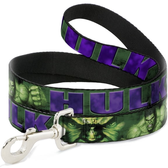 Marvel Comics Pet Leash, Dog Leash, Hulk Face Close Up Action Pose Greens Purples, 4 Feet Long 0.5 Inch Wide