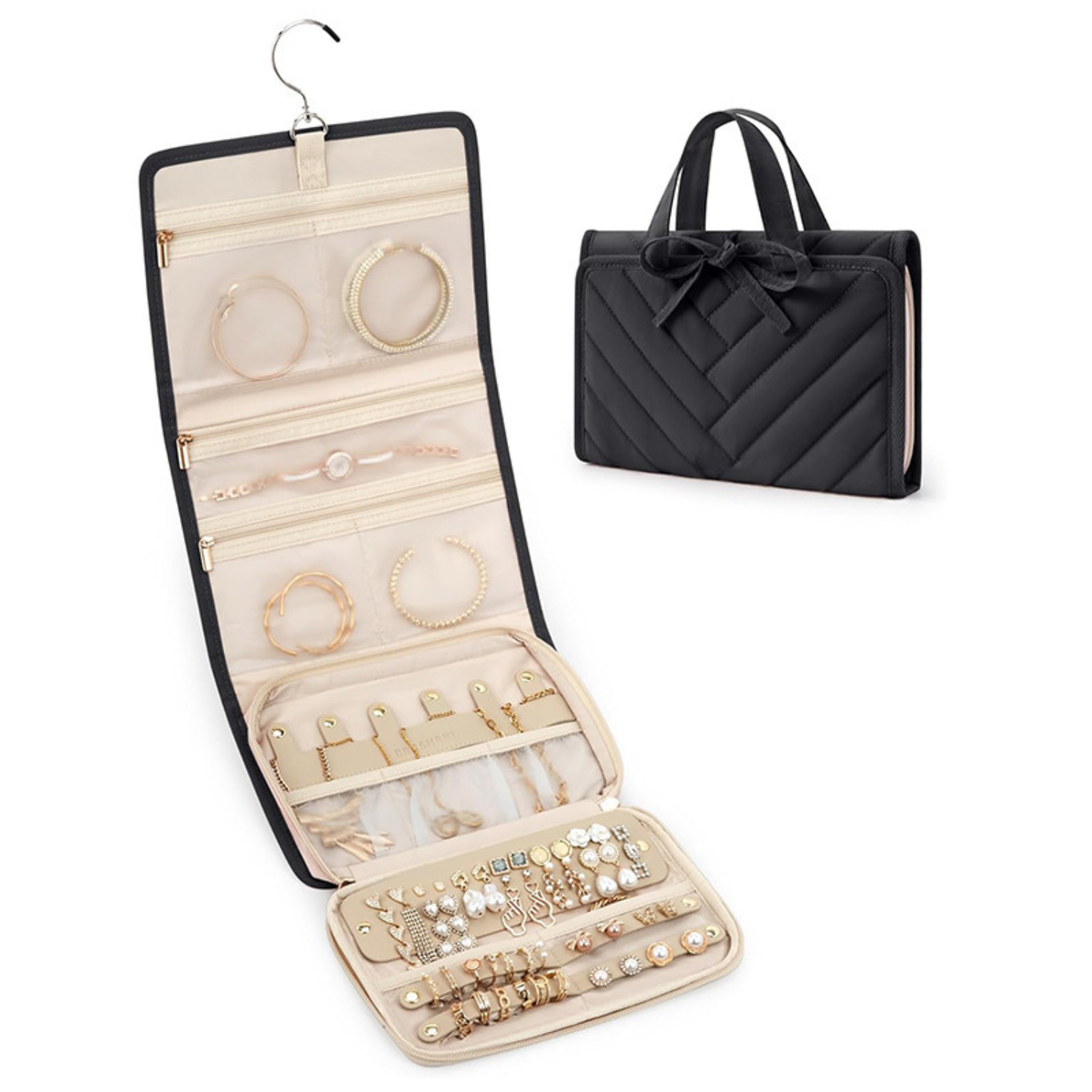 CUKIXA Travel Hanging Jewelry Organizer Roll, Quilted Tote with 360° Swivel Hook, 5 Zip Pockets, Removable Earring Panel, 6 Necklace Tabs, Folded 10.04×1.97×7.48 in (Pink/Beige/Black)