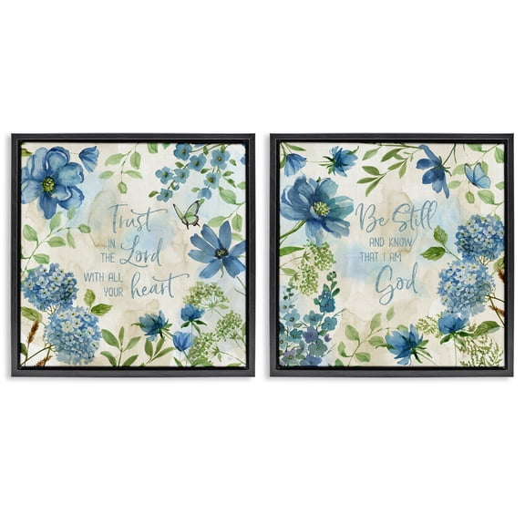 Stupell Industries Trust Be Still Blue Hydrangea Religious & Spiritual Painting Black Floater Framed Canvas Art Print Wall Art, 18 x 18, Set of 2