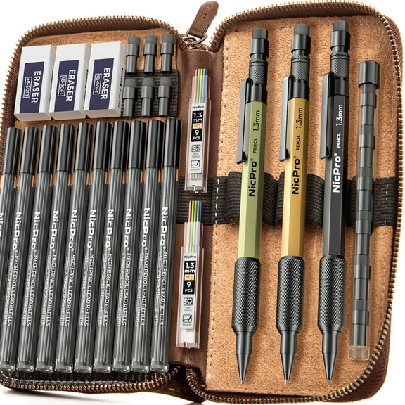 Nicpro 21PCS 1.3 mm Mechanical Pencil Set in Leather Bag with 138 Lead Refill Black & Colors, Erasers- Weatherproof Metal Heavy Duty Carpenter Pencil for Outdoor Drafting Marking Drawing Woodworking