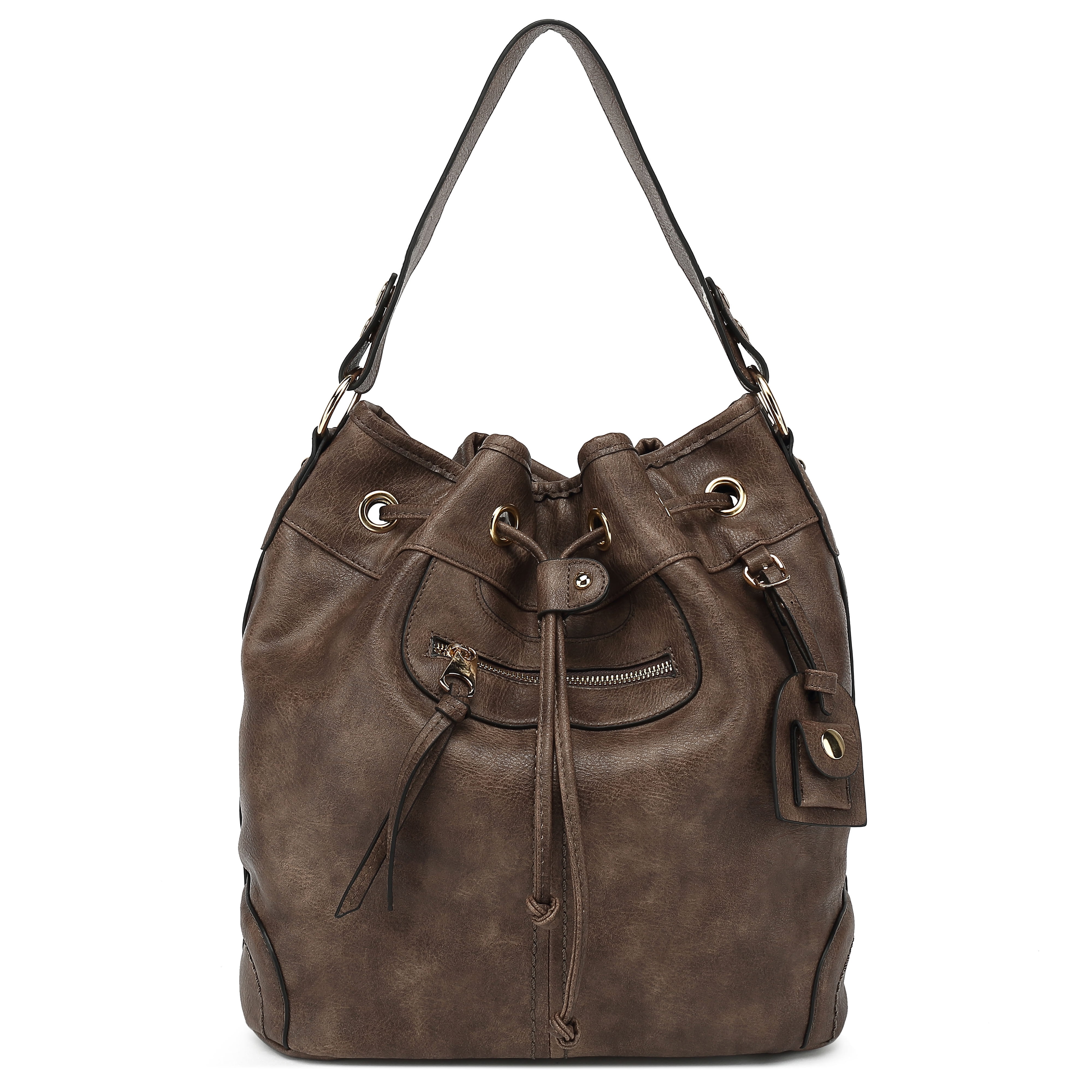 Women's Genuine Leather Bucket Shoulder Bag Hobo Drawstring Women's Purse 12" 