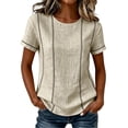 thumbnail image 3 of ClodeEU Women's Striped Round Neck Short Sleeve Blouse,Casual Summer Linen Blend Tee Beige,Women's Plus M, 3 of 9