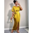 thumbnail image 4 of Women'S Satin Silky Long Sleeve V Neck Lace Up High Waist Side Split Maxi Dress Yellow L, 4 of 10