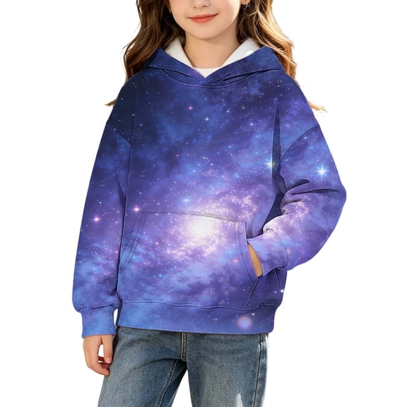 qelini Hooded Pullover Sweatshirt Kids 3-14 Years Long Sleeve Warm Fall Winter Top with Kangaroo Pockets Print Cloths for Daily Outdoor Home Wear